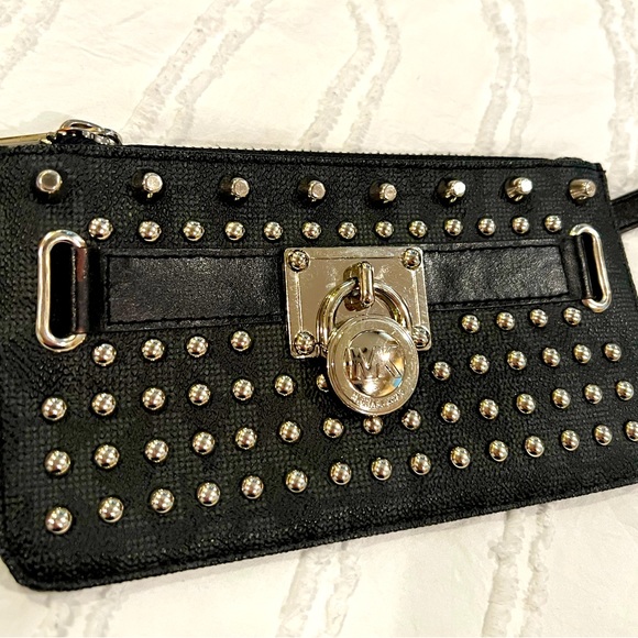 Michael Kors Black Leather Logo Lock Studded front purse/Fanny pack belt - Picture 1 of 11